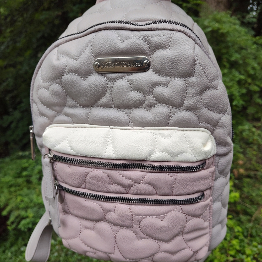 Betsey Johnson Heart-Quilted Backpack - Gray, White, and Pink